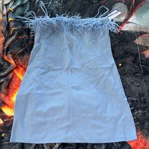Blue Feather Trim Mini Dress